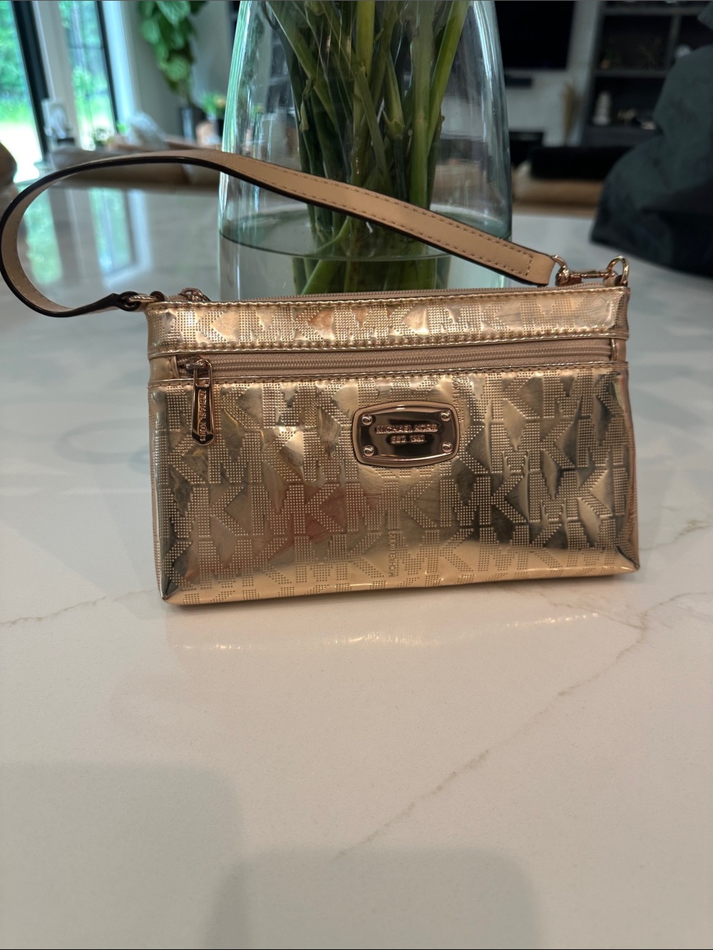 Michael Kors Metallic Rose Gold Logo Wristlet Clutch